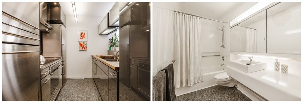 Une cuisine grise. Droite : Une salle de bain toute blanche.