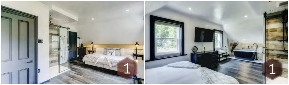 Une des chambre du chalet \u00e0 louer. Droite : La salle de bain.