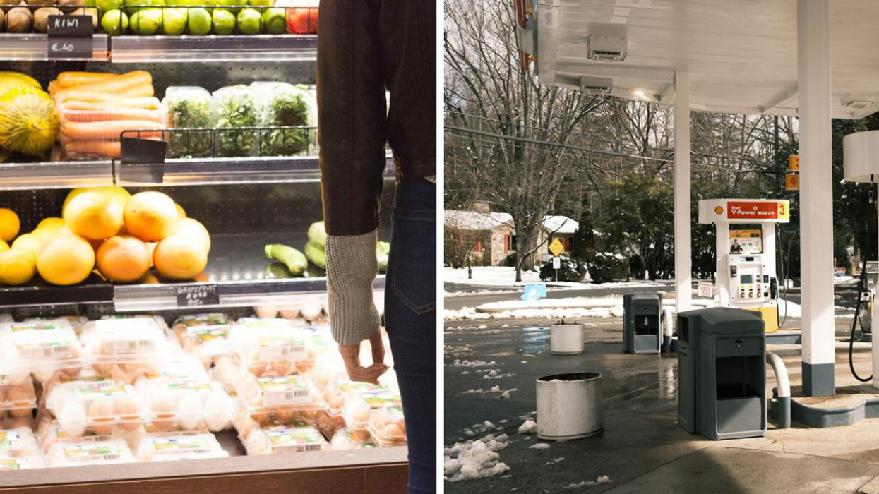 Une épicerie. Droite : une station-service.