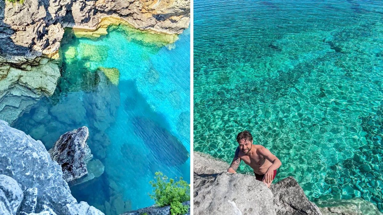 Une étendue d’eau turquoise. Droite : Une personne escaladant des rochers près d’une eau limpide.