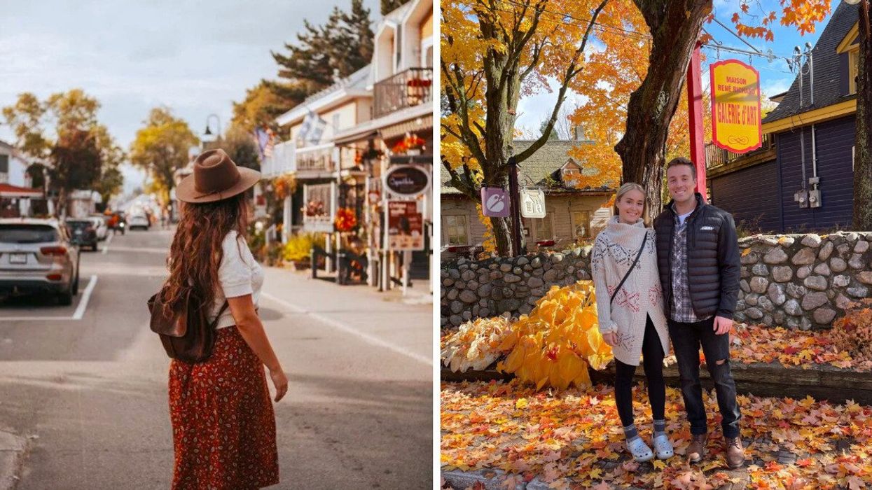 Une femme à Baie St-Paul. Droite : Couple à Baie-Saint-Paul au Québec.