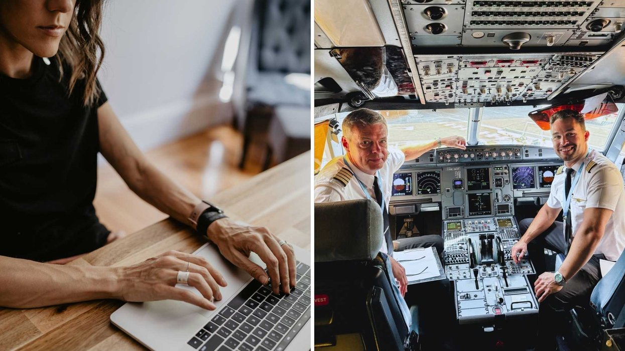Une femme à l’ordinateur. Droite : Deux pilotes d’avion.