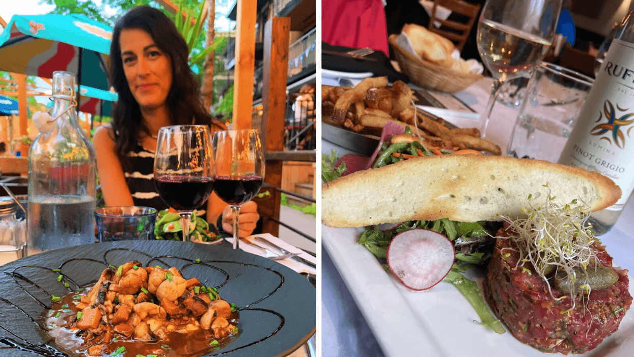 Une femme à table devant son assiette et du vin. Droite: Une assiette de tartare avec salade et frites.