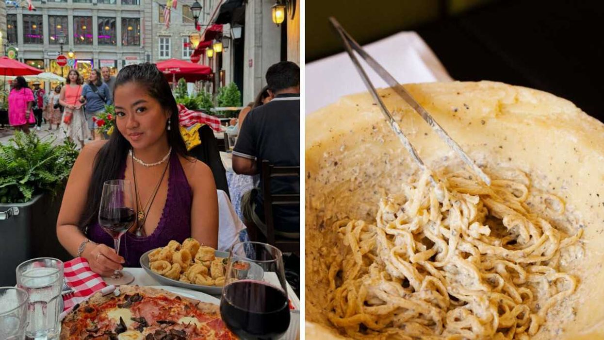 Une femme assise au restaurant, un verre de vin à la main. Droite : Fettuccine à la truffe.