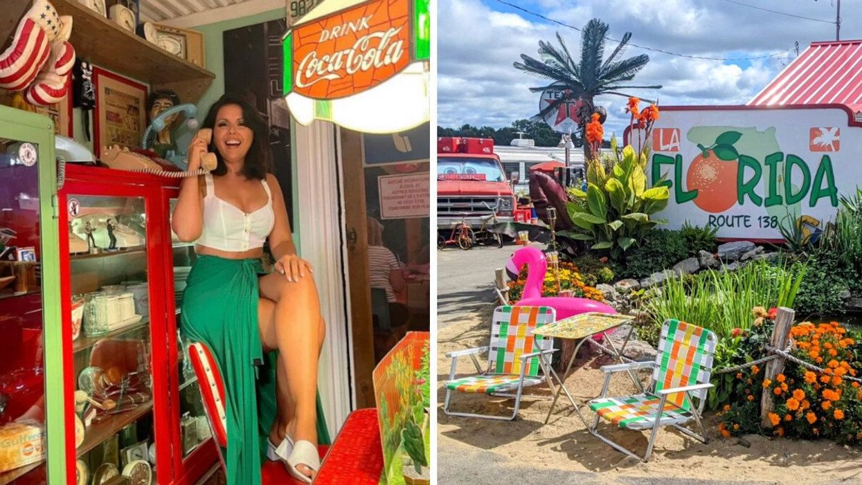 Une femme au casse-croûte La Florida. Droite : Façade du casse-croûte avec des décorations quétaines.