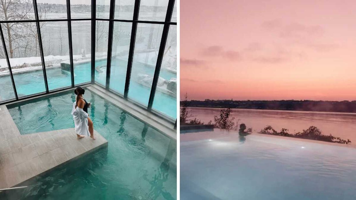 Une femme au Strom spa nordique du Vieux-Québec. Droite : La piscine infinie du Strom Spa à Québec.