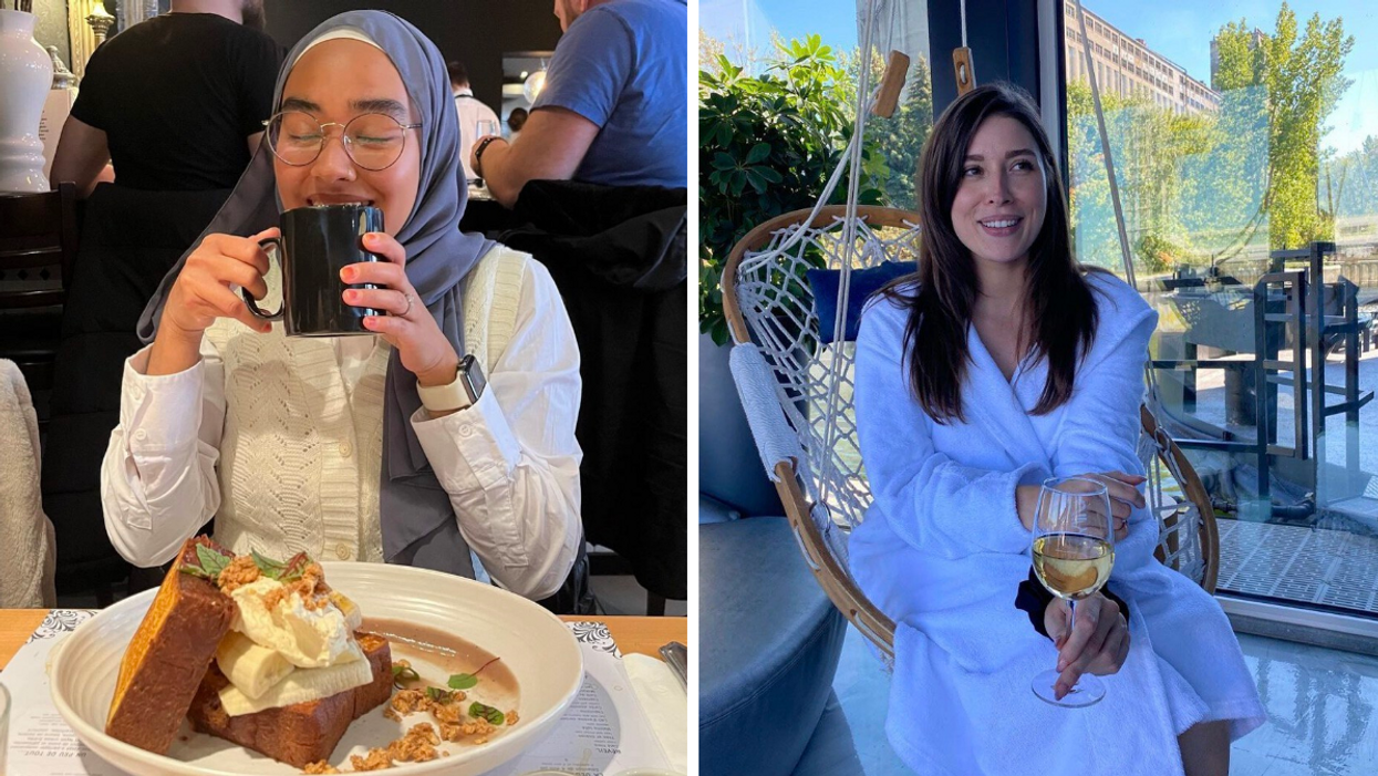 Une femme boit dans une tasse, assise devant son assiette au Café Régine. Droite : Une femme est assise sur une chaise, un verre de vin blanc à la main, au Bota Bota.