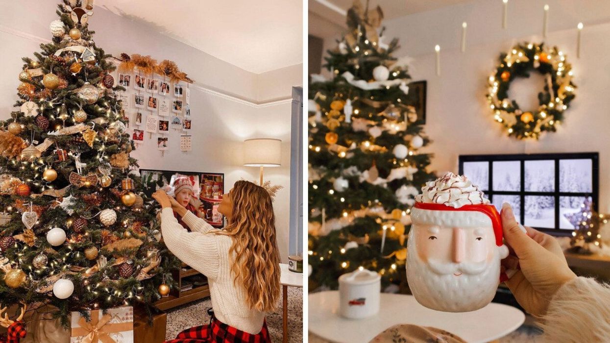 Une femme décore son sapin. Droite : une tasse du père-Noël.