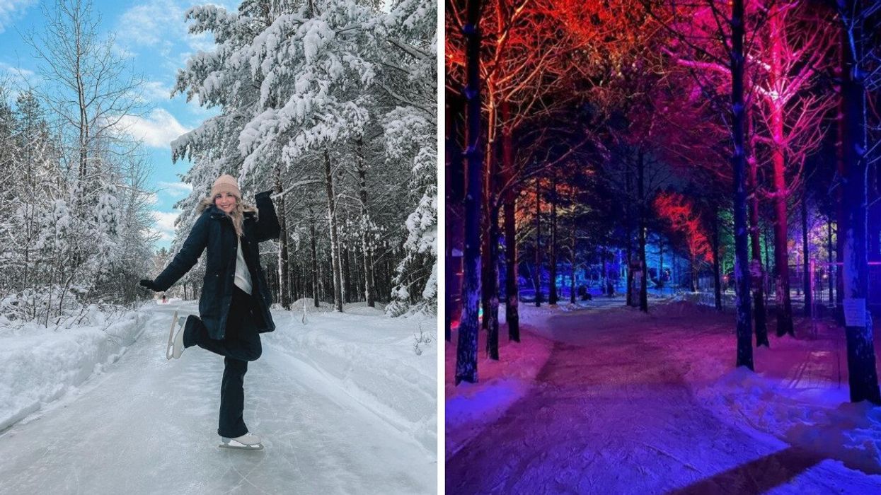Une femme patine en forêt. Droite : Le sentier glacé du Domaine Enchanteur tout illuminé.