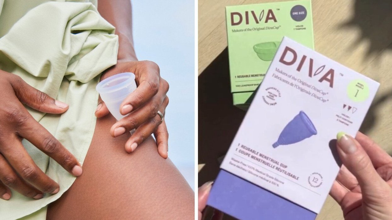Une femme qui tient une coupe menstruelle. Droite : Deux boîtes de Diva Cup.