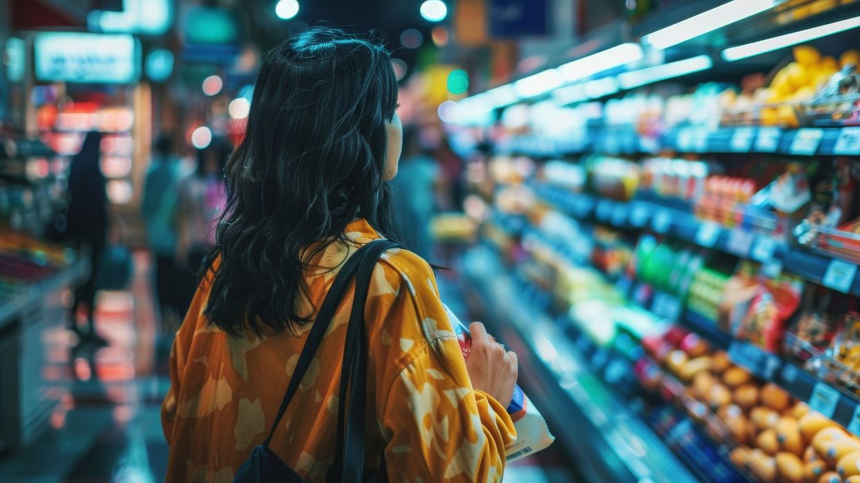 Une femme regarde les rayons à l'épicerie.