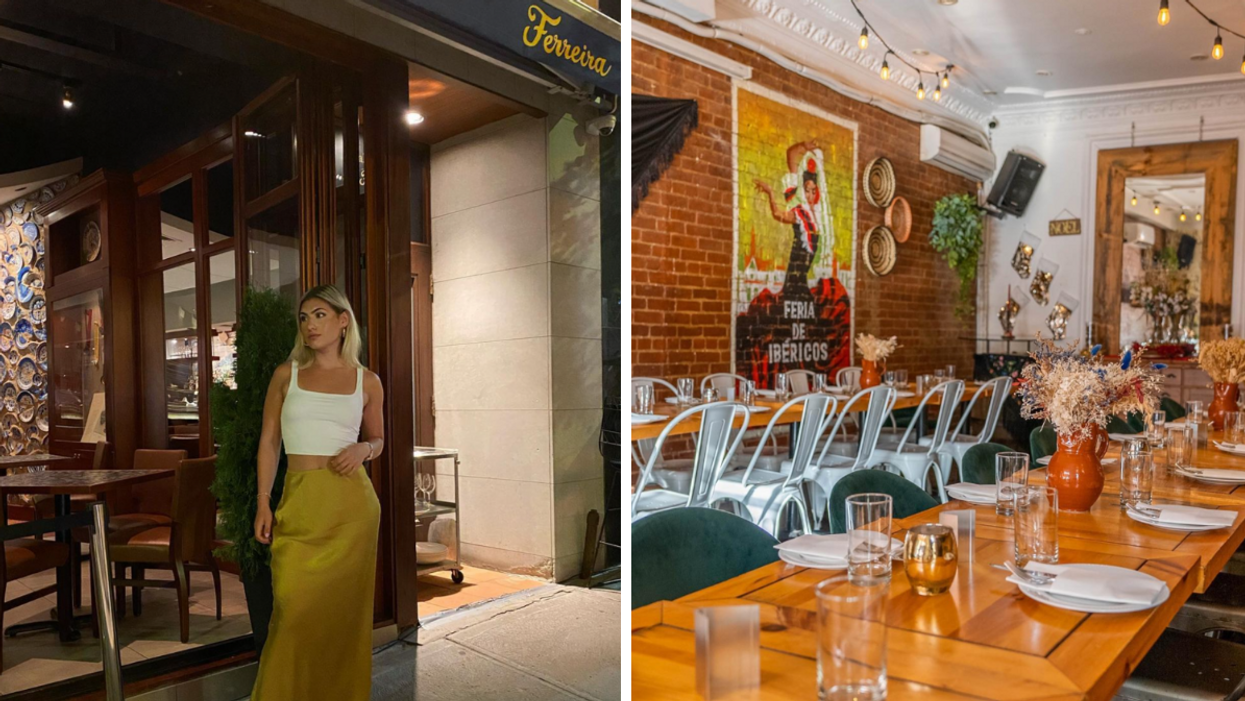 Une femme se tenant devant l'entrée de Ferreira. Droite : La salle privée d'Ibéricos Taverne à Tapas Espagnoles.