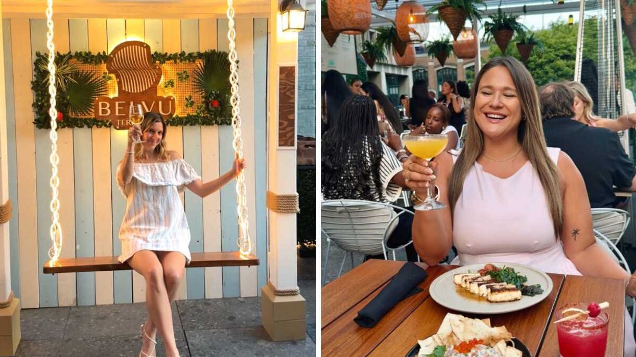 Une femme sur la balançoire de la terrasse Belvu. Droite : Izabelle Bee sur la terrasse Belvu.