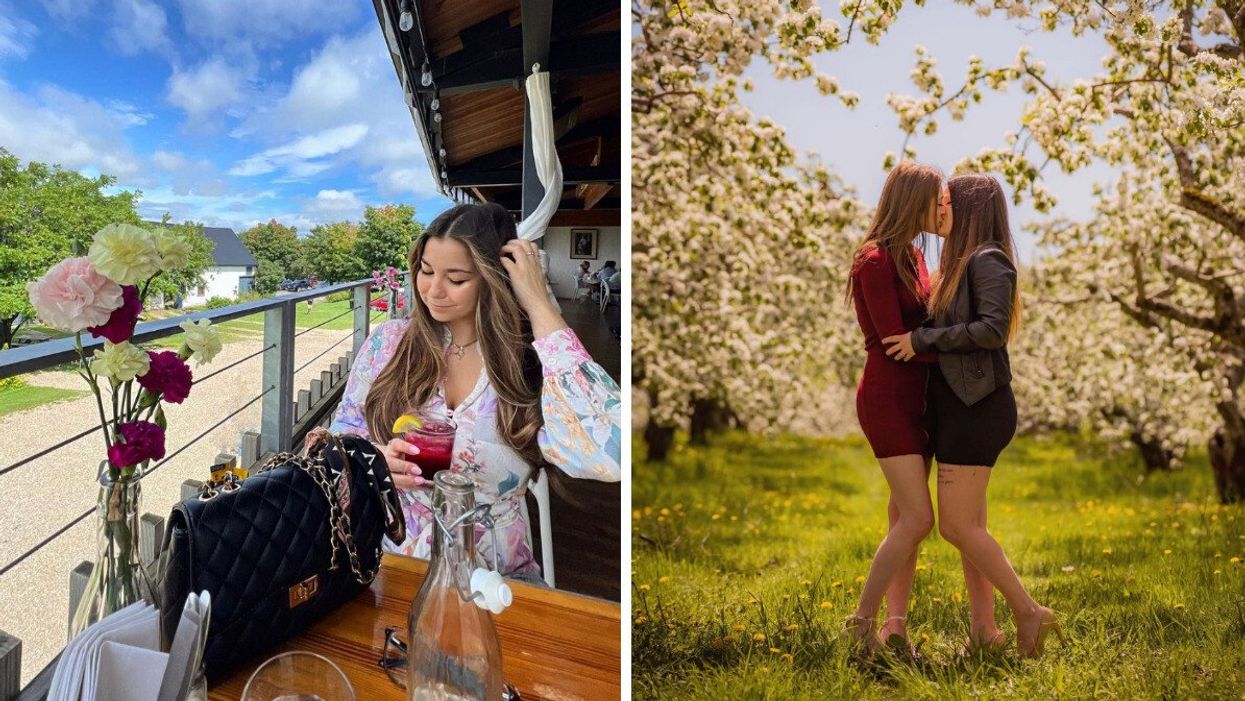 Une femme sur la terrasse au Cassis Monna & Filles. Droite : Un couple dans les pommiers en fleurs du Domaine Sainte-Famille.