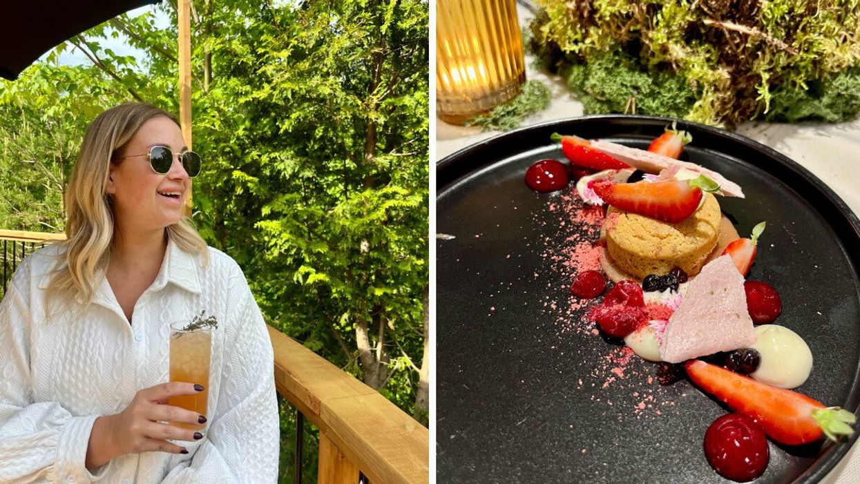 Une femme sur la terrasse du Restaurant Nord. Droite : Un dessert aux fraises du Restaurant Nord.