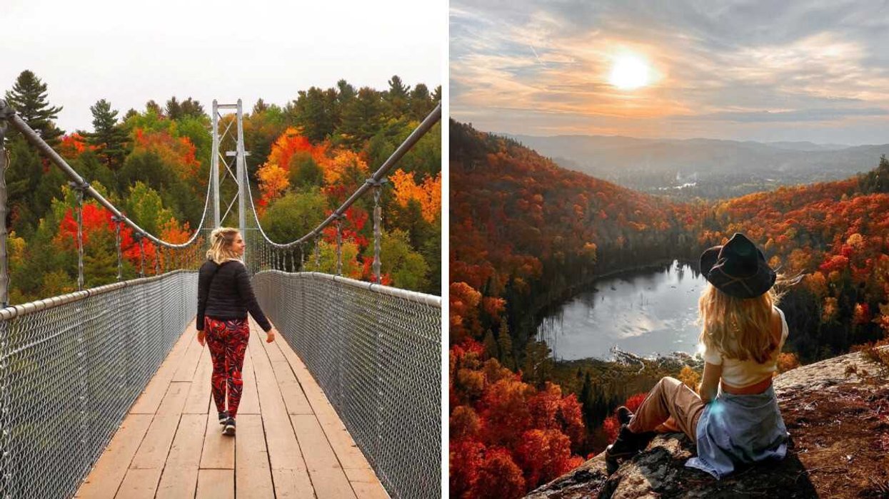 Une femme sur une passerelle au Parc de la Gorge-de-Coaticook. Droite : Une personne assise au sommet d'une montagne.