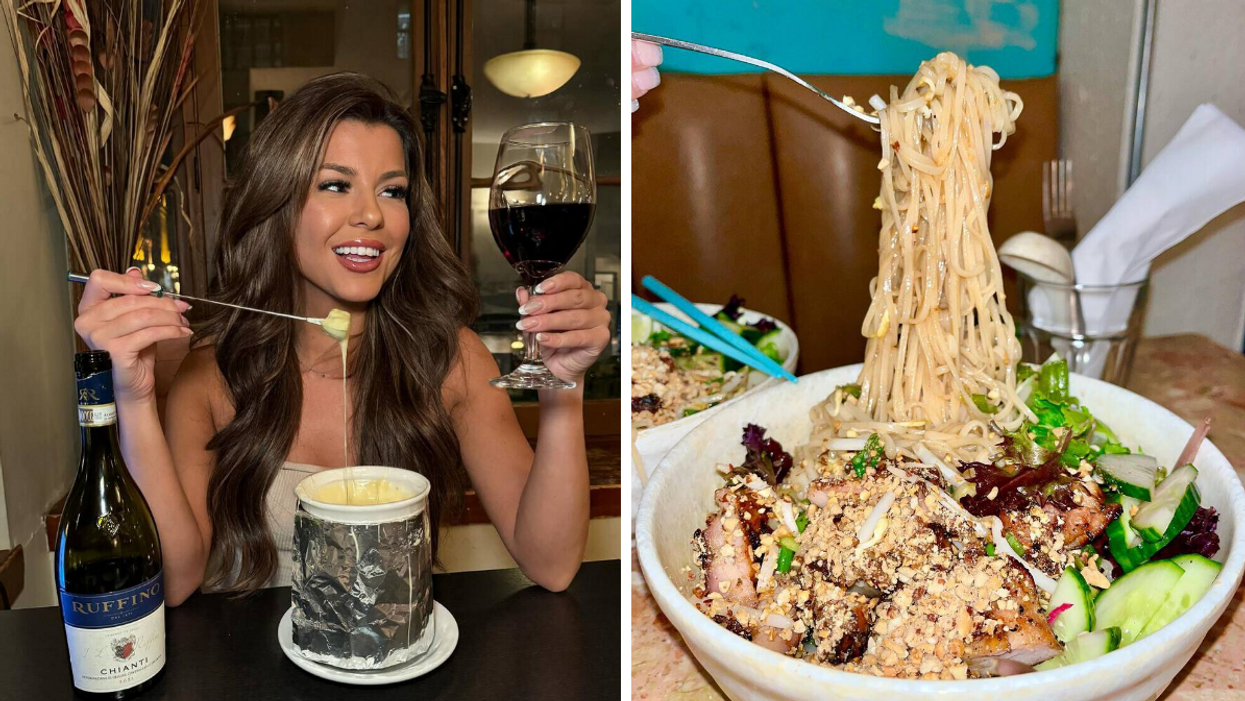 Une femme tenant un verre de vin et savourant une fondue Chez Suzette. Droite : Un bol de Pad Pho.