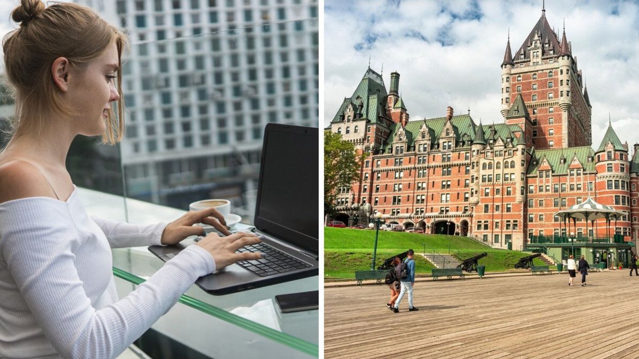 Une femme travaille sur son ordinateur portable devant un grand immeuble. Droite : le Château Frontenac dans le Vieux-Québec.