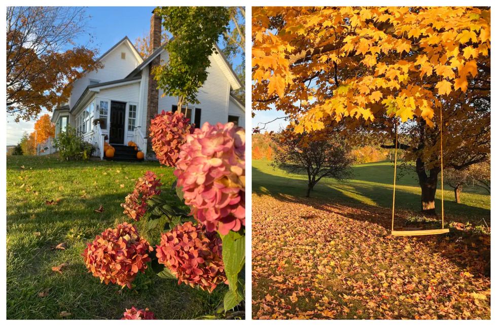 Une ferme avec une chambre \u00e0 louer. Droite : Un paysage automnal avec une balan\u00e7oire.