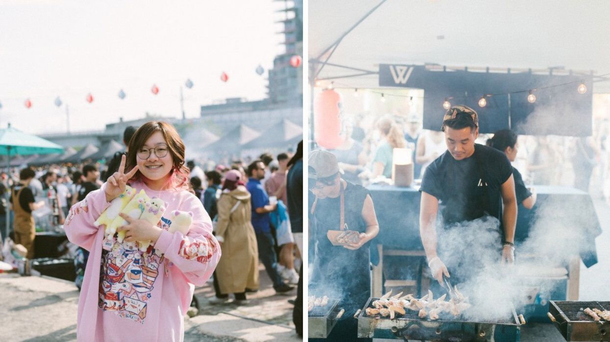 Une festivalière au YATAI. Droite : Un homme cuisine de la street food japonaise.