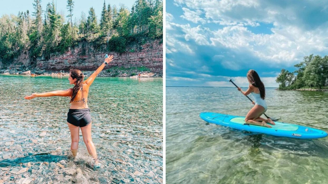 Une fille dans l'eau de la Rivière Bonaventure. Droite : Une fille en paddle board sur l'eau de la plage parc Jules-Léger.