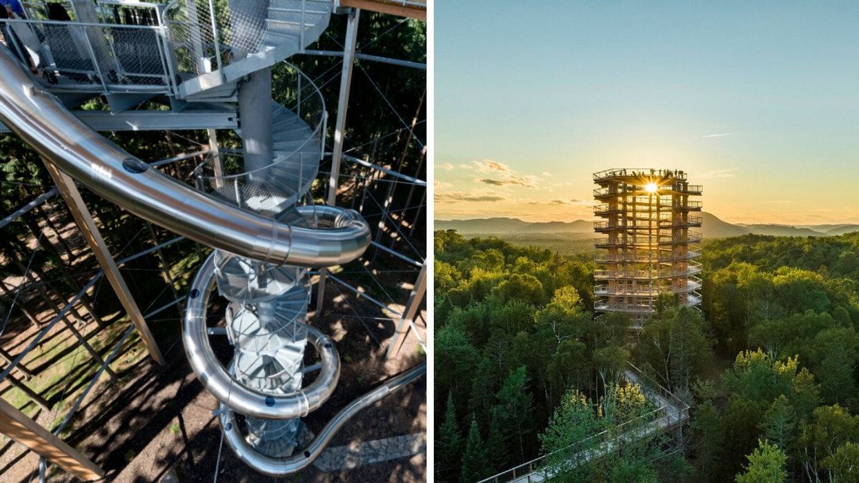 Une glissade d'un treetop walks de Erlebnis Akademie AG. Droite : La tour du Sentier des cimes Laurentides.
