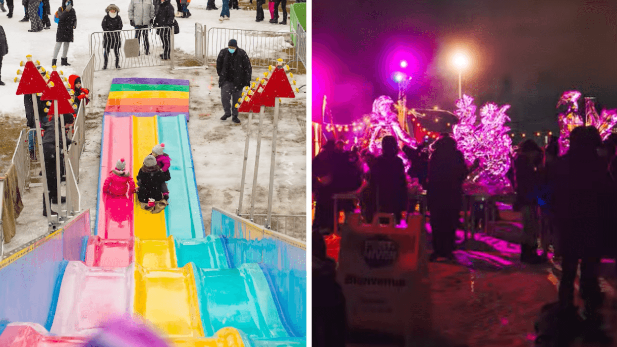Une glissade multicolore. Droite : des gens devant des sculptures glacées illuminées la nuit.