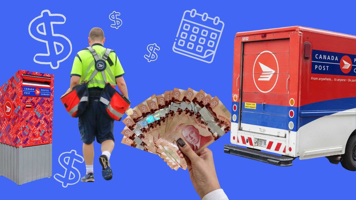 Une main avec de l'argent canadien, un facteur et un camion de livraison de Postes Canada.