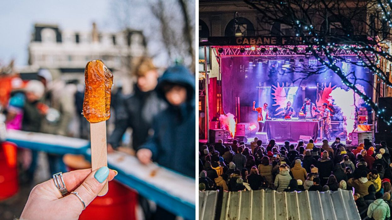 Une main qui tient de la tire sur neige au festival Cabane Panache. Droite : La foule devant la scène de Cabane Panache.