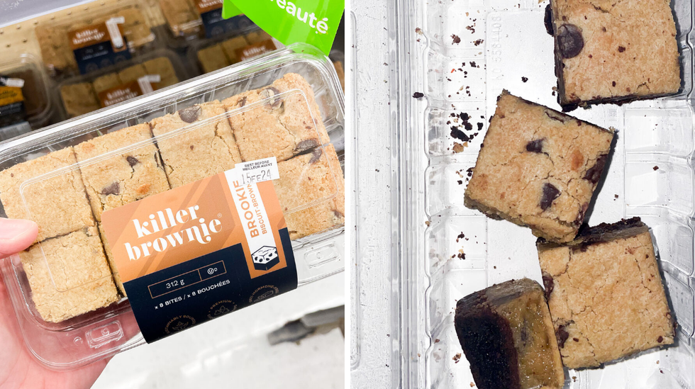 Une main tenant paquet de Brookies. Droite : Brookies dans un emballage ouvert.