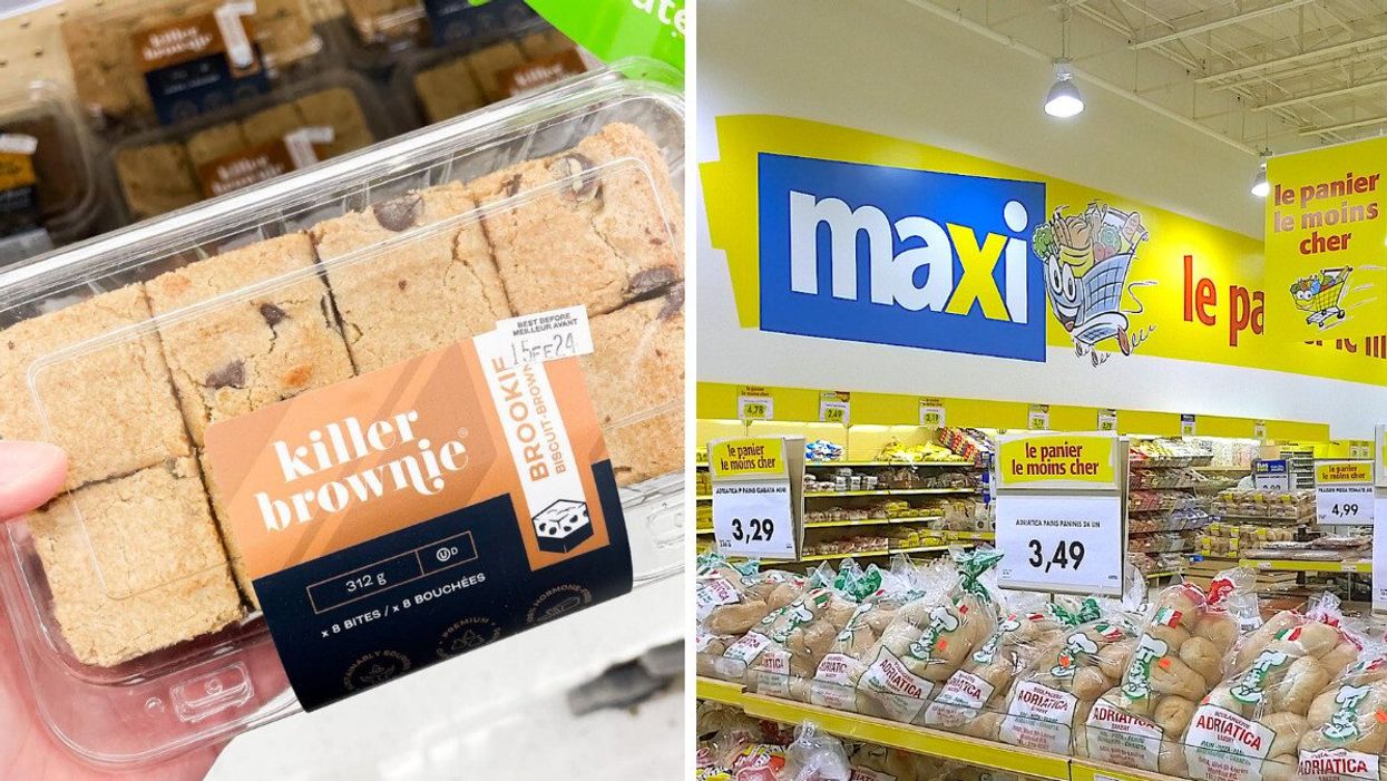 Une main tenant paquet de Brookies. Droite : Rayon boulangerie chez Maxi.