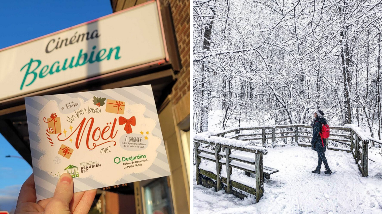 Une main tenant un carte devant le Cinéma Beaubien. Droite : Une personne au parc-nature du Bois-de-Liesse en hiver.