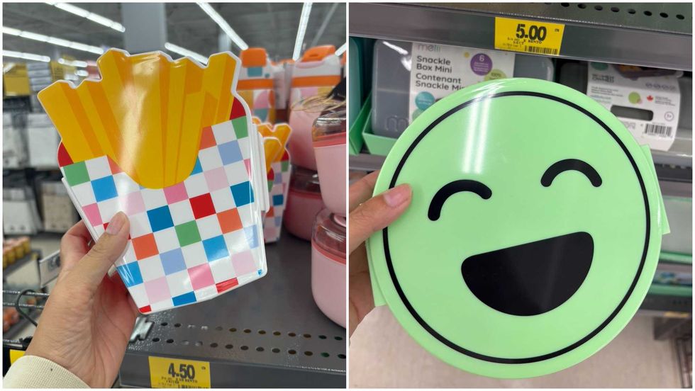 Une main tenant une bo\u00eete \u00e0 lunch de type bento en forme de frites. Droite : Une main tenant une bo\u00eete \u00e0 lunch de type bento en forme de bonhomme sourir.