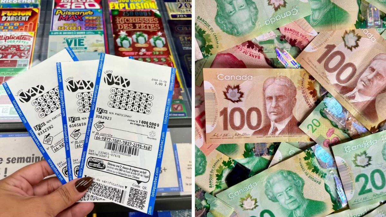 Une main tient différents billets Lotto Max. Droite : de l'argent canadien.