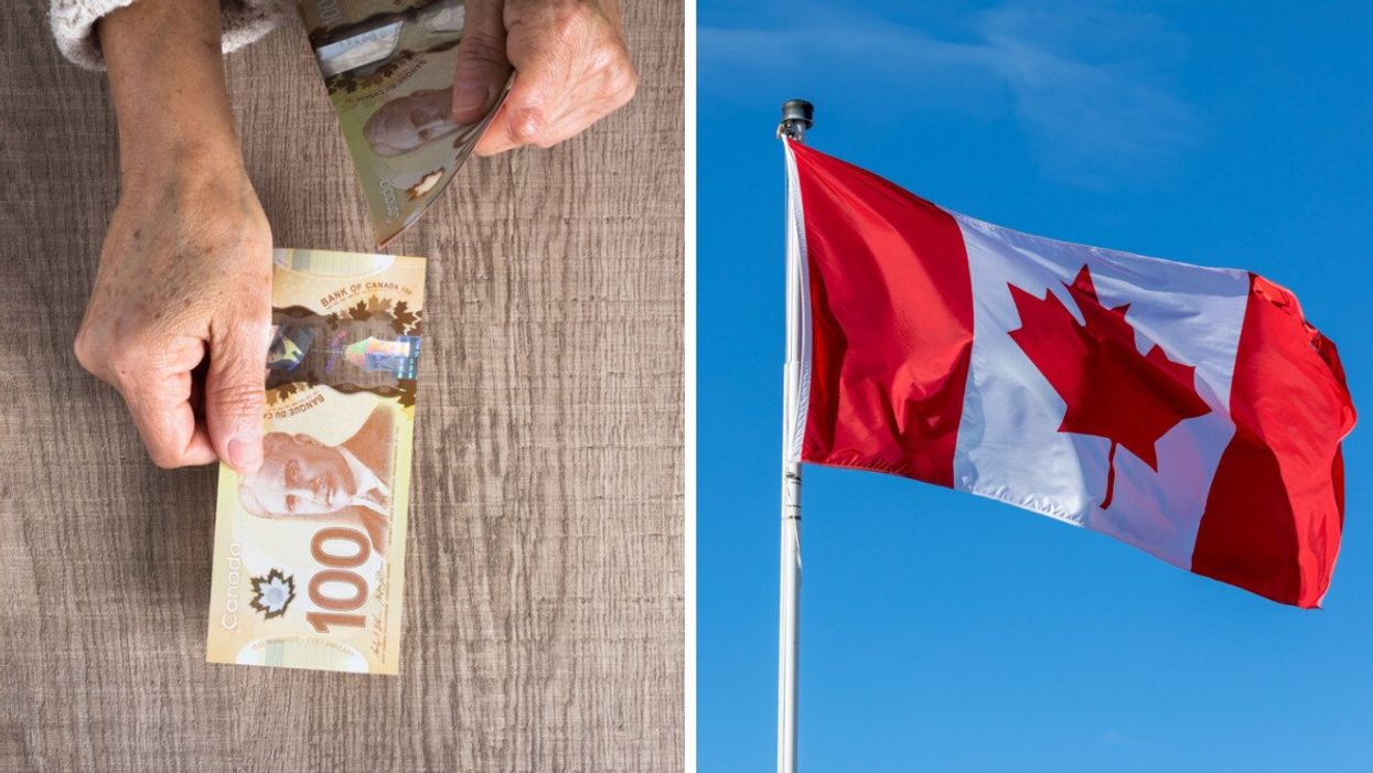 Une main tient un billet de 100 $ canadien. Droite : Un drapeau du Canada avec un ciel bleu.