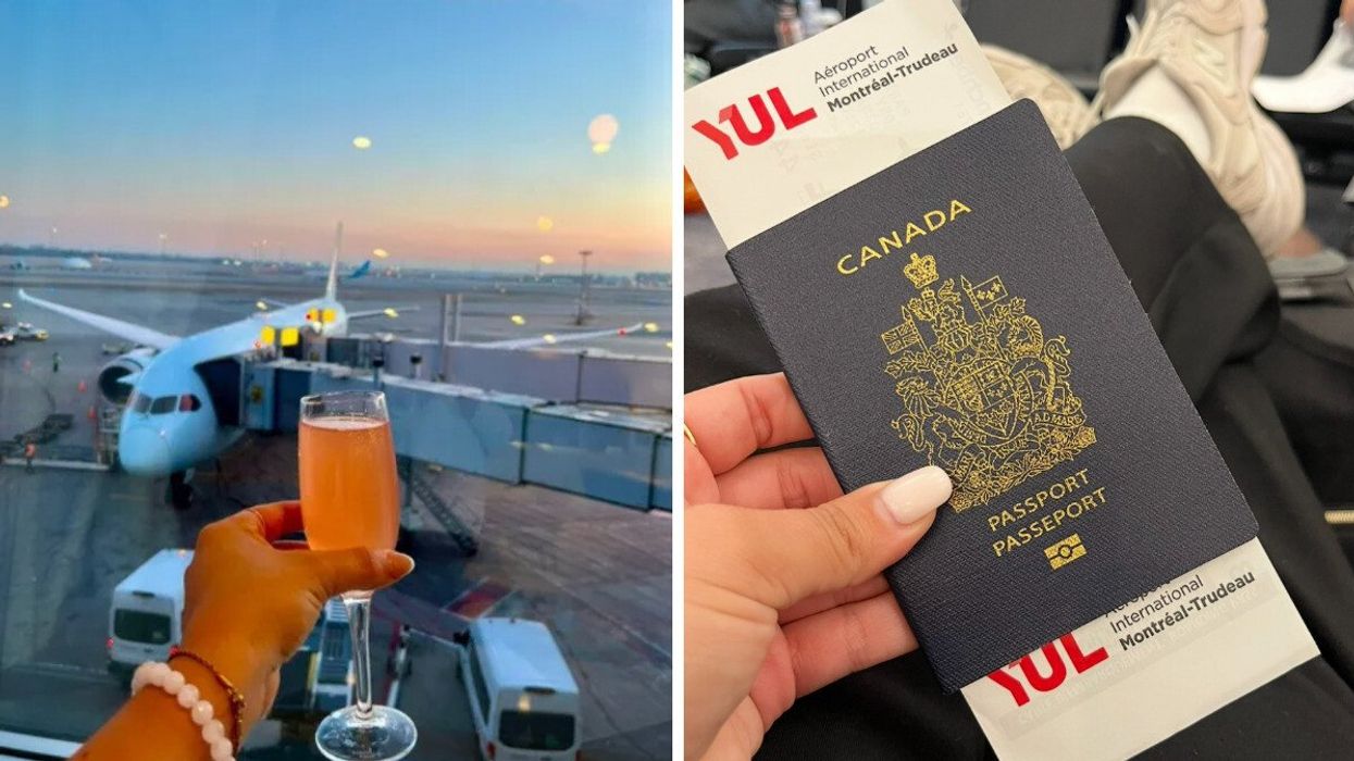 Une main tient un mimosa dans un salon de l'aéroport de Montréal. Droite : Un passeport canadien à YUL.