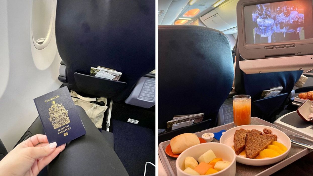 Une main tient un passeport. Droite : Un repas en classe affaires lors d'un vol avec Copa Airlines.