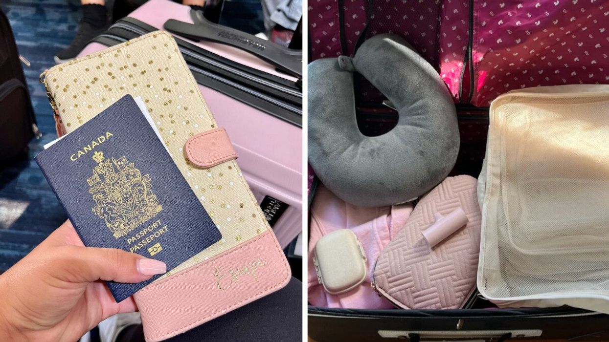 Une main tient un passeport et une étuit. Droite : Une valise avant un voyage.