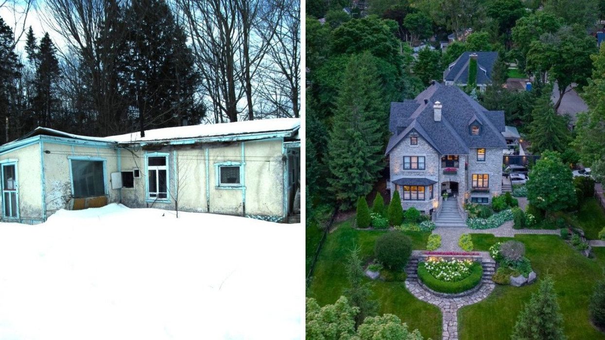 Une maison blanche et turquoise en décrépitude. Droite : Vue en vol d'oiseau d'une maison luxueuse.