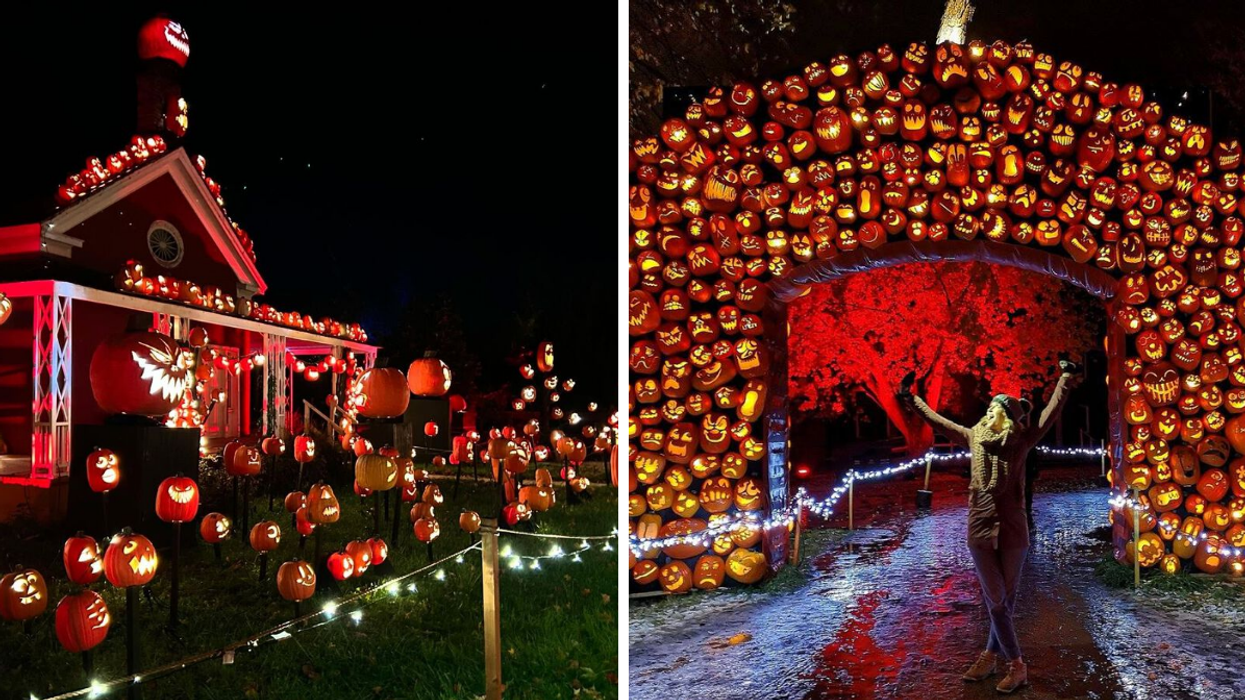 Une maison de Pumpkinferno. Droite : Une arche à Pumpkinferno.