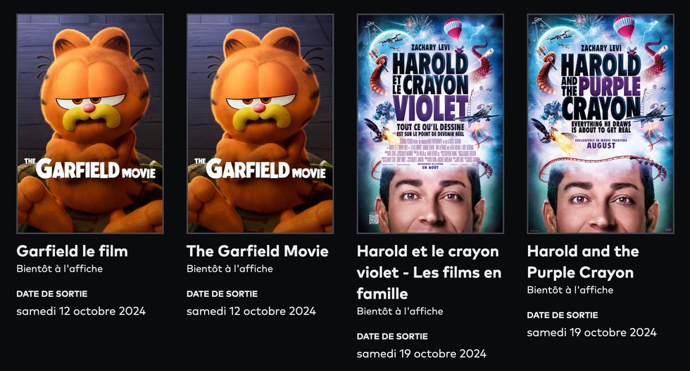 Une partie de la programmation des Films en famille des cin\u00e9mas Cineplex au Qu\u00e9bec.