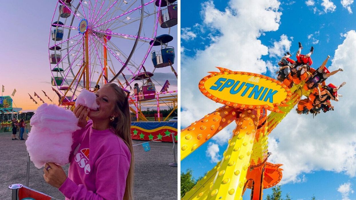 Une persone avec une barbe à papa devant les manèges de FUN Show Amusement. Droite : Un manège du Parc F.U.N.