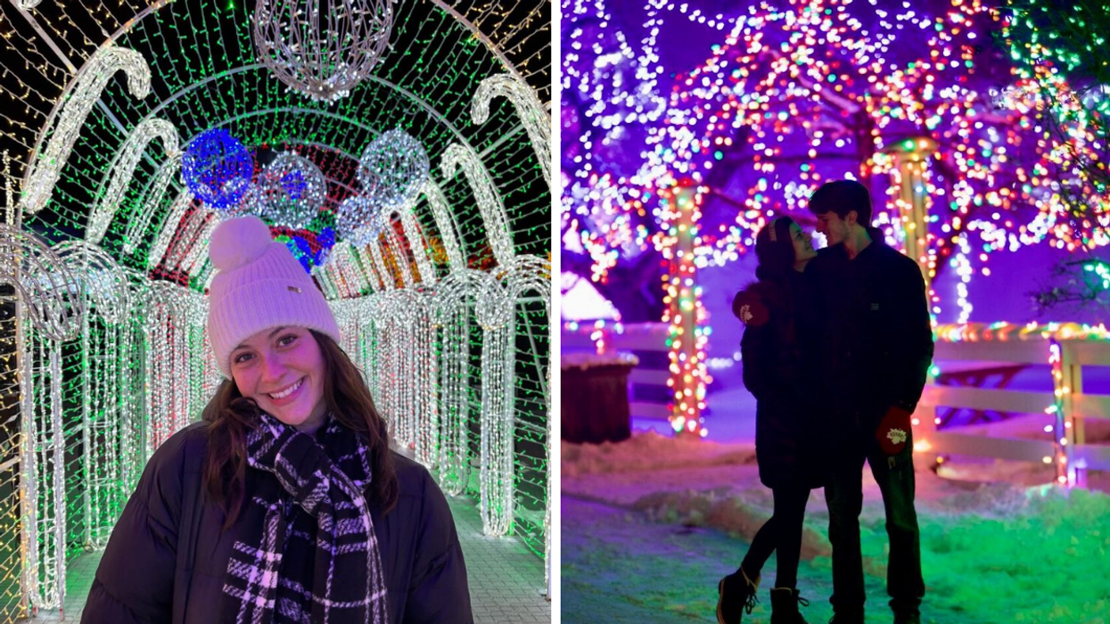 Une personne à Festilumi. Droite : Un couple au Upper Canada Village.