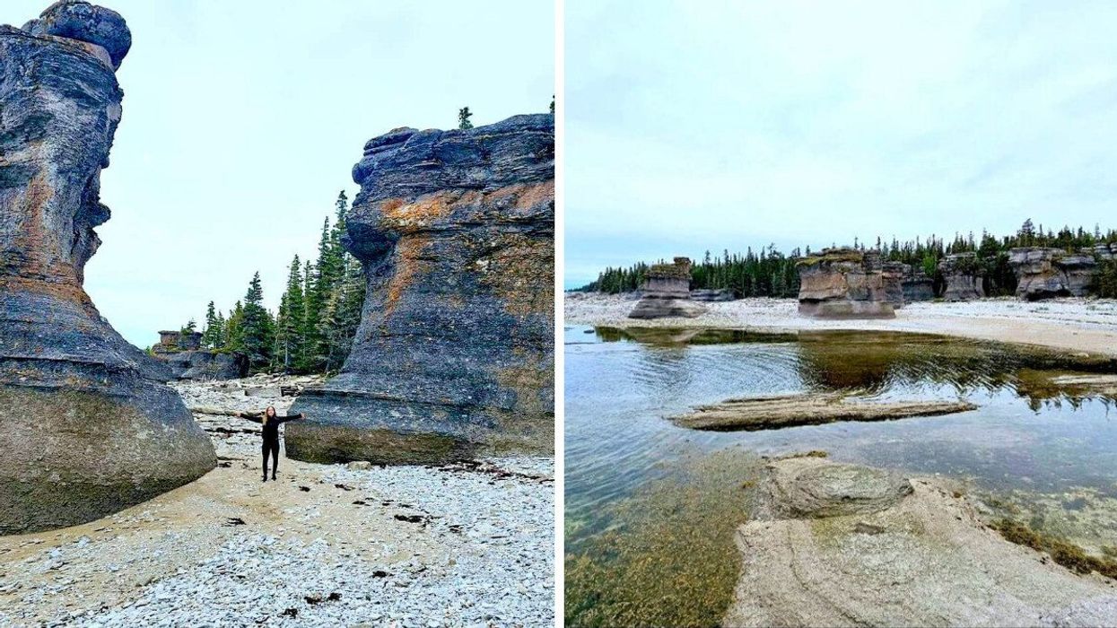 Une personne à l'Île Niapiskau. Droite : L'Île Niapiskau.