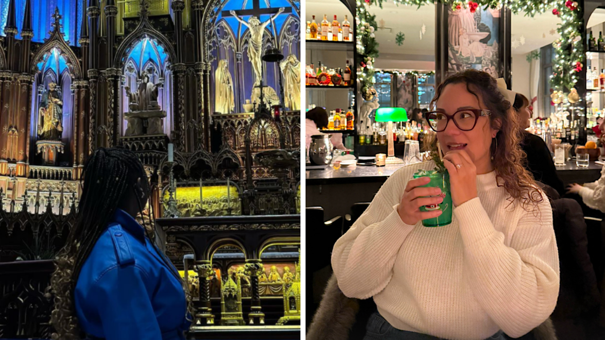 Une personne à la basilique Notre-Dame de Montréal. Noémi au bar Vive le Vent.