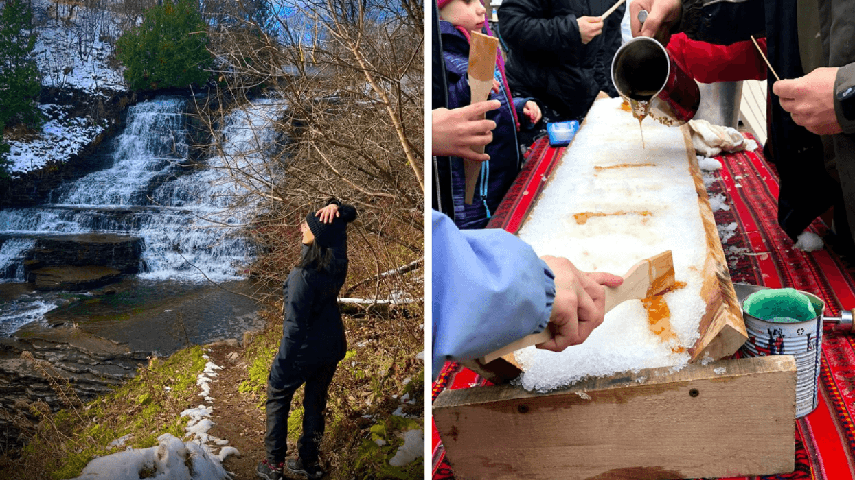 Une personne à la chute du parc de la Rivière-Beauport. Droite : De la tire d'érable sur neige.