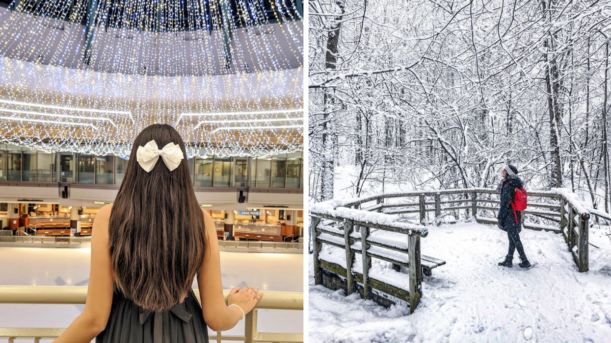 Une personne à la patinoire de l'Atrium Le 1000. Droite : Une personne au parc-nature du Bois-de-Liesse en hiver.