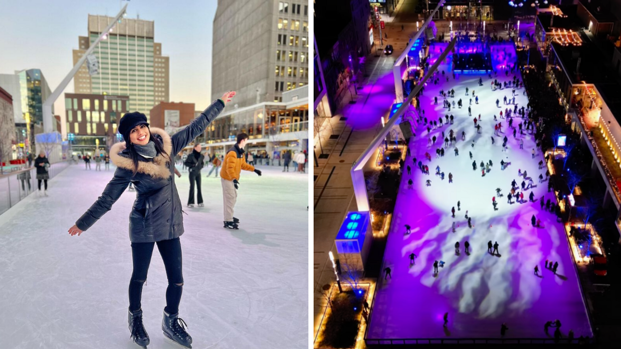 Une personne à la patinoire de l'esplanade Tranquille. Droite : La patinoire de l'esplanade Tranquille toute illuminée.
