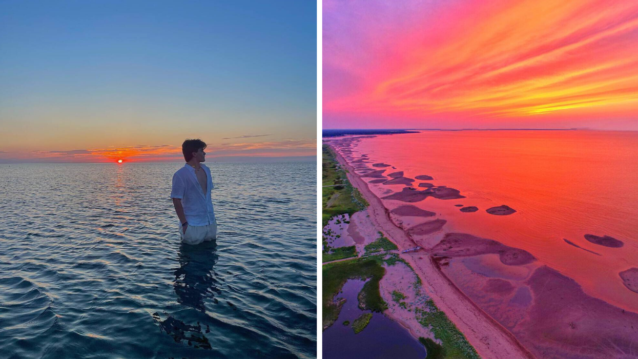 Une personne à la plage Aboiteau. Droite : Le coucher du soleil à la plage Gagnon.
