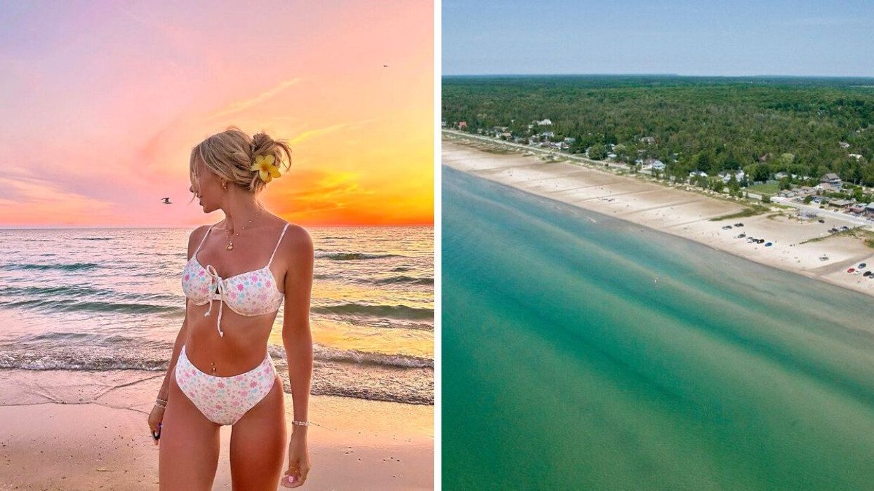 Une personne à la plage en Ontario. Droite : Une plage d'eau turquoise.